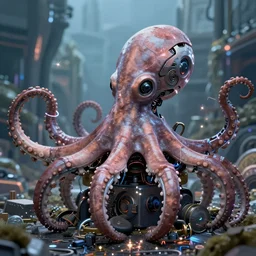 portrait of a a robot octopus in a scenic environment, cyberpunk, mechanical parts, electric sparks, trending on artstation
