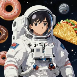 anime key visual portrait of astronaut, donuts and tacos in background, by ilya kuvshinov, shigenori soejima, finely detailed feature, anime, space, deroo, pixiv top monthly, trending on artstation, cinematic, danbooru, zerochan art, kyoto animation, studio trigger
