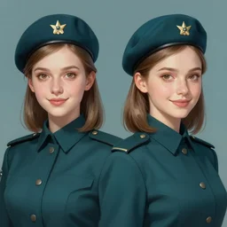 symmetrical portrait of young woman with light brown shoulder length hair and hazel eyes dressed in a sharp dark teal military uniform and beret, smiling, ilya kuvshinov, svetlana tigai, greg rutkowski, anime, digital painting, concept art