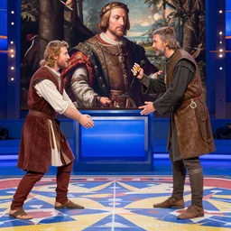 medieval peasant competing on the game show family feud hosted by steve harvey, renaissance painting