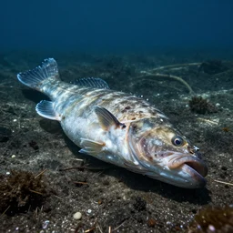 an underwater photo of a battered fillet of cod lying on the seafloor