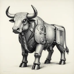“A giant mechanical bull robot, oil dotwork on canvas by Simon Stalenhag”