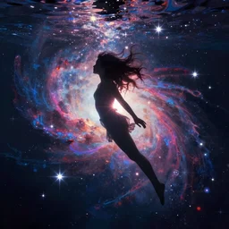 silhouette of a girl suspended underwater with long hair, she's exploding into incredible stars and nebula, lens glare, dramatic abstract digital painting, trending on artstation
