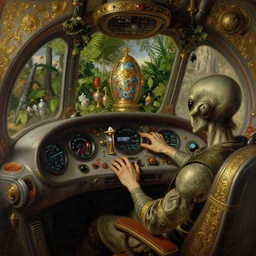 the view from inside a small spaceship cockpit. an alien controlling the dashboard. decorated with foliage, faberge, and filigree. pulp sci - fi art. baroque period, oil on canvas. renaissance masterpiece