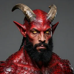 dnd portrait of a travis scott as tiefling, male, red scales, a big black beard, completely golden eyes, 1 curved horn growing out of his forehead, one broken horn growing out of his forehead,