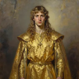 a painting of young man druid, gold clothes, a character oil on canvas portrait by gerald brom and greg rutkowski, masterpiece, fantasy art, artstation hq