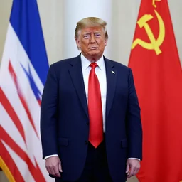 Donald Trump standing beside the Soviet flag