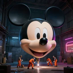 a enormous giant mickey mouse head beign drilled by small workers wearing orange coveralls inside of a dark old warehouse, netflix neon in the background, cinematic, art by beeple and wlop, digital art, trending on artstation