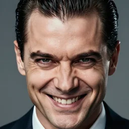 a portrait photograph of a smug executive, slick back hair, evil grin, dof, sharp focus, highly detailed face, symmetric face, realistic iris, cinestill 8 0 0 t, photography by paolo roversi