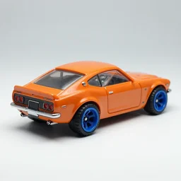 an orange nissan 3 5 0 z with blue - colored tires, hotwheels acceleracers, professional photography, wide - angle