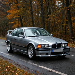 A modified BMW e36 parked in a road with trees, autumn season, rain, Epic photography, taken with a professional camera, 10 mm, depth of field, highly detailed