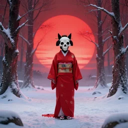a full body geisha with a cat skull head, wearing a red kimono, standing in center of the snow surrounded by magical trees with a massive red sun setting on the horizon cinematic octane render 8 k trending on artstation