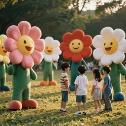1990s candid photo of a beautiful day at the park, cinematic lighting, cinematic look, golden hour, large personified costumed flower people in the background, Enormous flower people mascots with friendly faces, kids talking to flower people, UHD