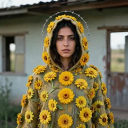 a woman wearing a hooded cloak made of zinnias and barbed wire, in a derelict house, by Omar Z. Robles, natural light, detailed face, CANON Eos C300, ƒ1.8, 35mm, 8K, medium-format print