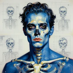 a man with a blue body painted like a skeleton, cyberpunk art by david wojnarowicz, behance, shock art, pop art, androgynous, blueprint