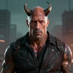 Dwayne the Rock Johnson as the devil, horns and red eyes, post apocalyptic, high res render, octane cgsociety