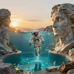peter tarka, golden hour, minimalistic, hyperrealistic surrealism, award winning masterpiece with incredible details, epic stunning, astronaut sinking falling underwater infinity pool, a surreal vaporwave liminal space, highly detailed, trending on artstation, artgerm and greg rutkowski and alphonse mucha, daily deviation, iamag, broken giant marble head statue ruins, illuminated dreamscape