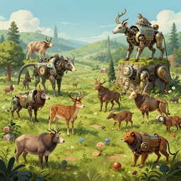 Highly Detailed digital illustration about the beauty of nature in a clockpunk world where all animals have been replaced by mechanical beasts. Trending on Artstation