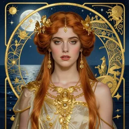 kaya scodelario as the magic Greek goddess Circe, a beautiful art nouveau portrait by Gil elvgren, moonlit Mediterranean environment, centered composition, defined features, golden ratio, intricate gold jewlery