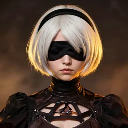 gentle portrait of nier automata 2 b wearing black blindfold by nikolay makovsky greg rutkowski. brown black, orange, yellow. sharp contrast
