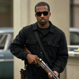 film still of kanye west as nada wearing a black flannel shirt and sunglasses and holding a shotgun with a bandolier in bank scene in they live 1 9 8 8