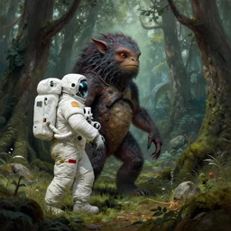 an astronaut comes across a strange creature in a forest, a detailed matte painting by frieke janssens, featured on cgsociety, fantasy art, matte painting, reimagined by industrial light and magic, matte drawing