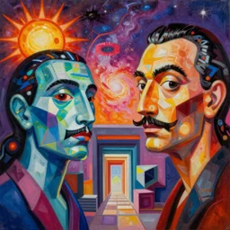an extremely high quality hd detailed ultra-realistic photorealistic surrealism painting of neon cast glass facial cubism figures melting into a warm picasso galaxy landscape by dali and zaha hadid, vivid colors, complimentary colors, melting sun, melting 4d cubes, hallway landscape, 8k, hd, high quality, high contrast, acrylic oil on canvas