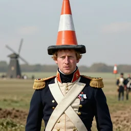 the duke of wellington at waterloo with a traffic cone on his head, digital art