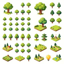 A game assets spritesheet by dofus online, props, terrain, trees, and scenario assets, mobile game, vector art, very detailed