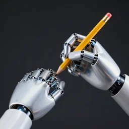 a shiny metallic robot hand holding a pencil and drawing a hand