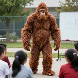 Bigfoot, dressed in b-boy year, teaching kids about the dangers of sodium.