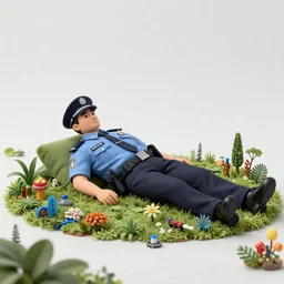 poetic exhuberance, realistic detailed police officer lying in the middle of a stunning intriguing 3 d rendering, composed of tiny colorful details and plants, hyperdetailed, contemporary masterpiece, in clean minimal style museum, deep focus, striking