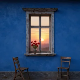 a single old house window with a vase of red flowers with view to a sunrise, blue wall, a wooden chair near the window, concept art, octane render, unreal engine 5, trending on deviantart, highly detailed, high quality, hd, digital painting, masterpiece, geometric, symmetrical, low contrast, beautiful, high coherence, natural lighting, intense lighting