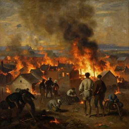 a 1 8 0 0 s painting of a burning village