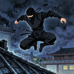 a ninja jumping from the roof on a rainy night by syd mead, boneface, yoji shinkawa