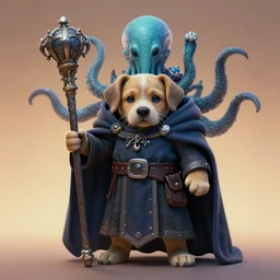 full character potrait of a genetic combination between cute puppy & cthulhu & cat, holding a ceremonial staff, wearing a cloak, zdzislaw beksinski, lewis jones, dariusz zawadzki, wayne barlow, warhammer fantasy, cold hue's, warm tone gradient background, concept art, 4 k, ultra - high - definition