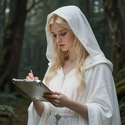 portrait of the goddess of memory writing history on a silver tablet in a forest, white hood, white dress, blonde, fantasy, magical, spiritual, detailed and intricate, elegant, majestic, highly detailed, digital painting, trending on artstation, by wlop, 4 k octane render