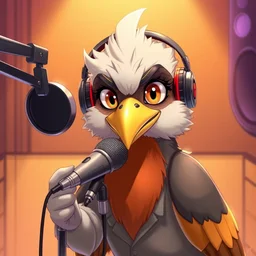 an anthropomorphic bird wearing headphones and speaking into a high - end microphone in a recording studio., trending on artstation, anime, furry art, trending on furaffinity