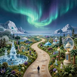 a whimsical elite masterpiece mysterious sci - fi fantasy realism matte painting of a winding path through arctic dream worlds with surreal landscape and horizon inspired by heironymous bosch's garden of earthly delights, surreal ice interiors by asher durand and cyril rolando and natalie shau, insanely detailed and intricate, elegant, cyberpunk, northern lights