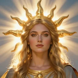 a beautiful portrait of a sun goddess with a golden crown, sunlight beams, god rays, volumetric lighting, by daniel gerhartz, detailed, 8 k