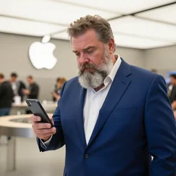 dslr photo still of infowars host alex jones in a blue suit fat grey beard and mustache!!! depressed!!! in an!!! apple store trying to get his phone deleted!!!, 5 2 mm f 1. 8