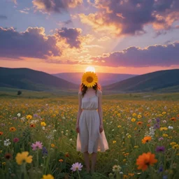 girl with a flower face, surreal photography, dream, standing in flower field, magical, in a valley, sunrise dramatic light, impressionist painting, colorful clouds, artstation, simon stalenhag, flower as face