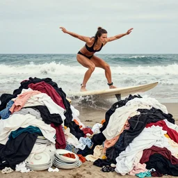 muscular woman surfing on piles of dirty laundry and dishes by craig mullins