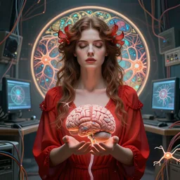 symmetric, a dreamy woman in a red dress holding a brain and neurons, in a room full of wires and computers and neural networks, realistic face, sci - fi, ai, 4 k realistic, artem demura. alphonse mucha.