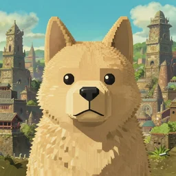 a film still voxel cone dog face finely textured fur ancient city trending on pixiv fanbox by alex ross by makoto shinkai takashi takeuchi studio ghibli akihiko yoshida