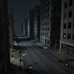 A matte painting of a realistic abandoned urban city,featured on ArtStation, realistic colors,Super wide angle,viewed from afar,Nighttime,Flat roads,Geometrically realistic,Street signs,traffic lights, trash on the street, broken windows