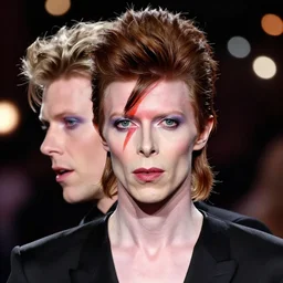 headshot of david bowie fused with tulsa swinton, androgynous ziggy stardust, bokeh