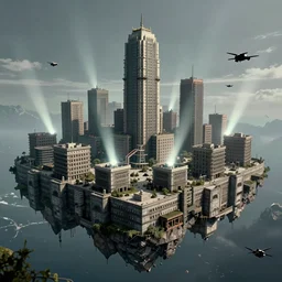 brutalist city, prison city, totalitarian prison island, spotlights, military buildings, drones, high walls, dystopian city, prison complex, colorized 8 mm photo