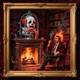 velvet painting of a sad crying clown in an iron lung in a golden frame above a roaring fireplace in a burning library while a burning man in a smoking jacket perched comfortably in a wingback chair smokes a pipe, velvet painting, hilarious, matte finish