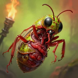 airbrush macro insect viscera as god maggot gastrics, chris foss, enric torres, alberto bontempi, feng zu hyper realism, narrative light, red & lime colors, epic, hyper detailed, awe inspiring, award winning horror, torch lighting, hyper realism, cinematical